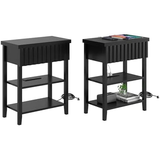 Narrow End Table with Charging Station Set of 2, F Black - side angle