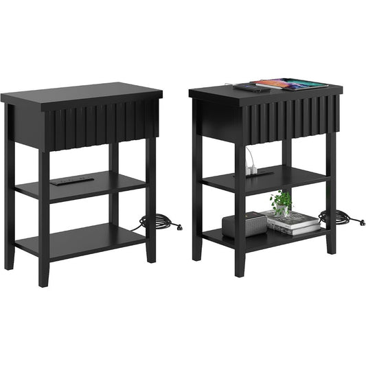 Narrow End Table with Charging Station Set of 2, F Black - front view