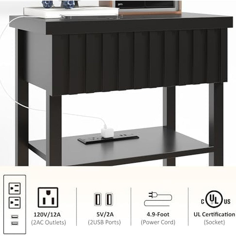 Narrow End Table with Charging Station Set of 2, F Black - packaging