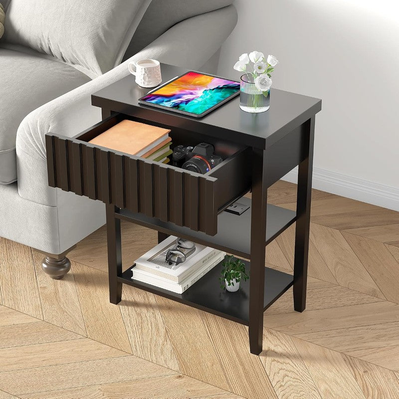 Narrow End Table with Charging Station Set of 2, F Black - detail close-up