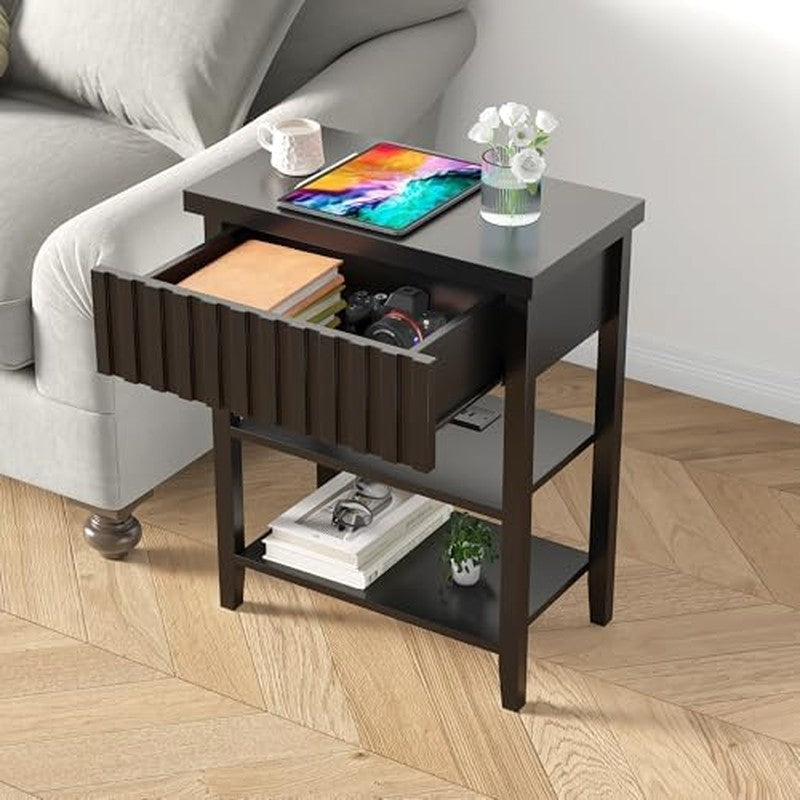 Narrow End Table with Charging Station Set of 2, F Black - in use