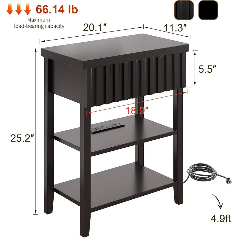 Narrow End Table with Charging Station Set of 2, F Black - fabric and fit