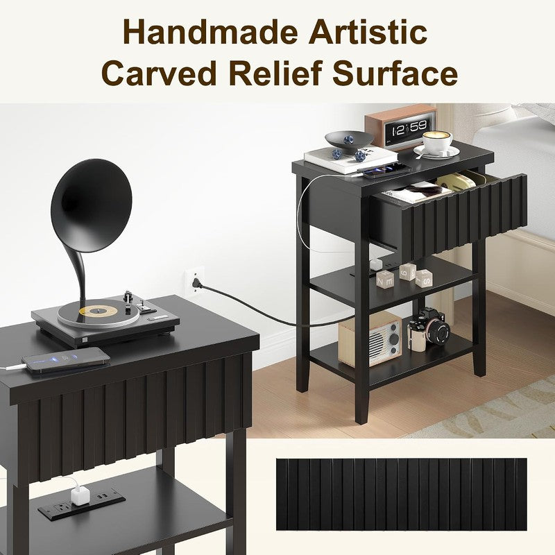 Narrow End Table with Charging Station Set of 2, F Black - top view