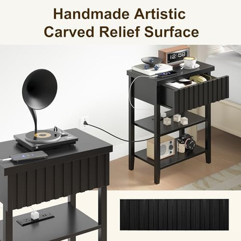 Narrow End Table with Charging Station Set of 2, F Black - color detail
