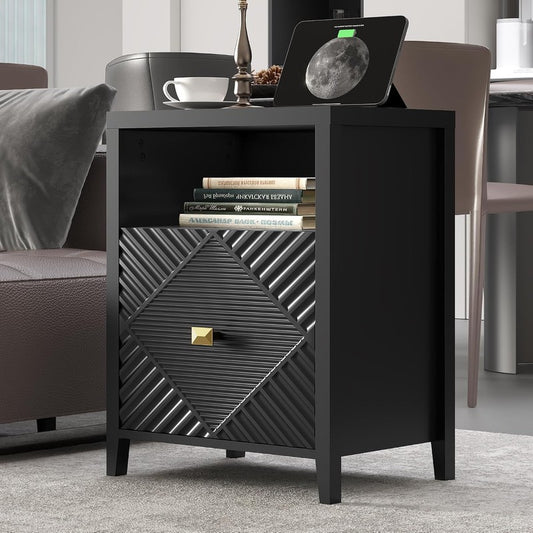 End Table with Charging Station, Modern Nightstand Black - front view