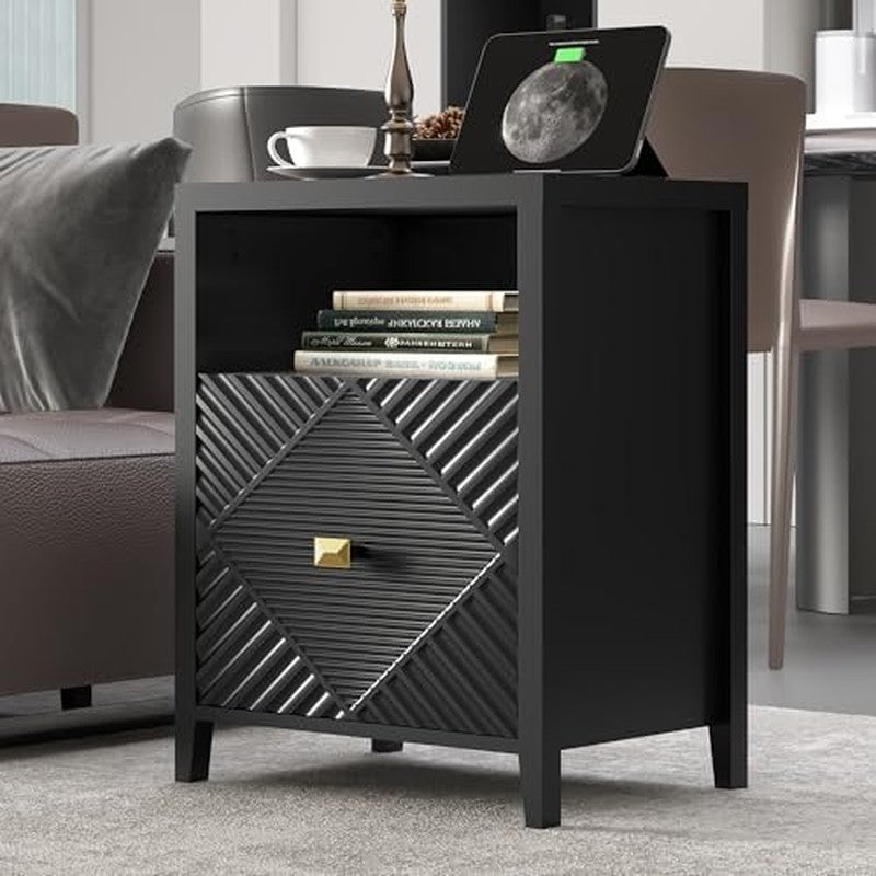End Table with Charging Station, Modern Nightstand Black - side angle