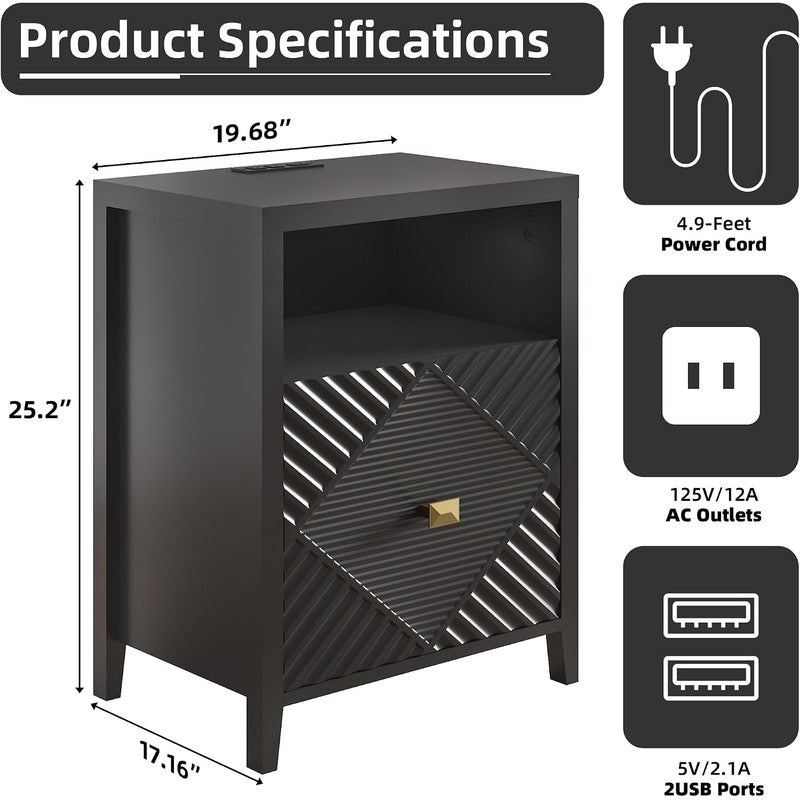 End Table with Charging Station, Modern Nightstand Black - detail close-up