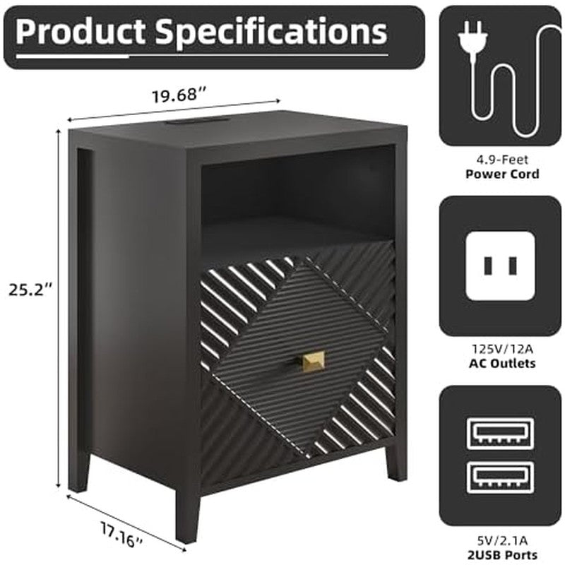 End Table with Charging Station, Modern Nightstand Black - in use