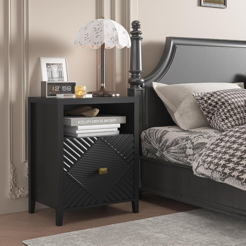 End Table with Charging Station, Modern Nightstand Black - fabric and fit