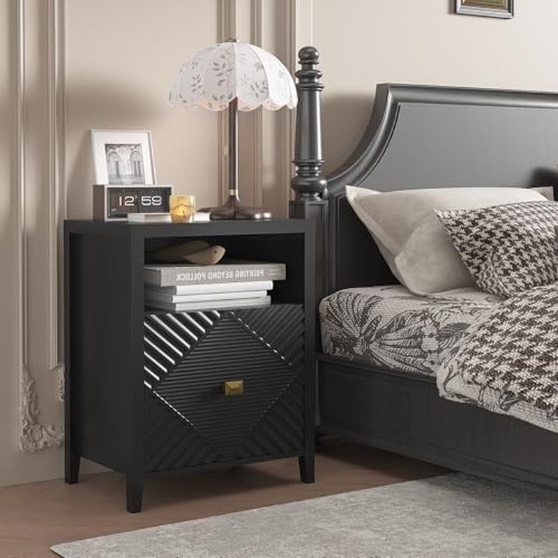 End Table with Charging Station, Modern Nightstand Black - back view