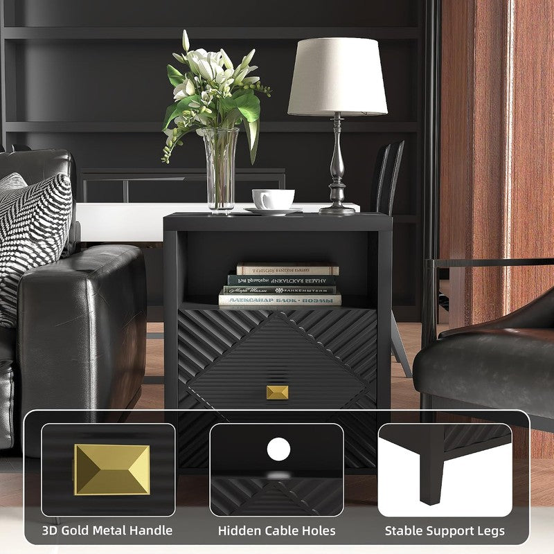End Table with Charging Station, Modern Nightstand Black - top view