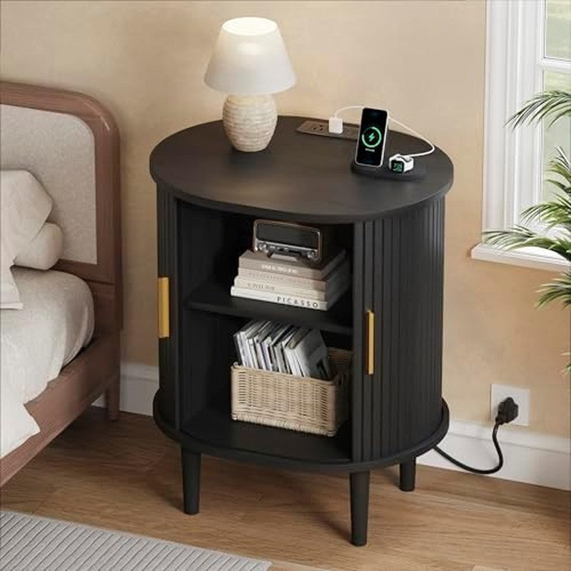 Mid Century Modern Nightstand with Charging Statio Black - side angle
