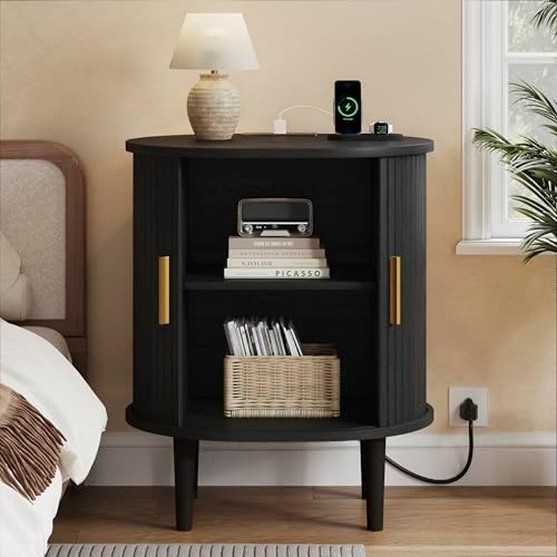 Mid Century Modern Nightstand with Charging Statio Black - back view