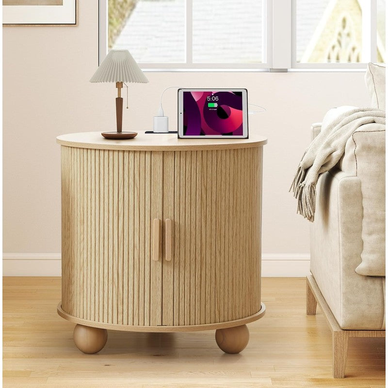 Fluted Round End Table with Charging Station, 24"  Natural - front view