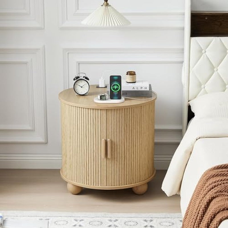 Fluted Round End Table with Charging Station, 24"  Natural - packaging