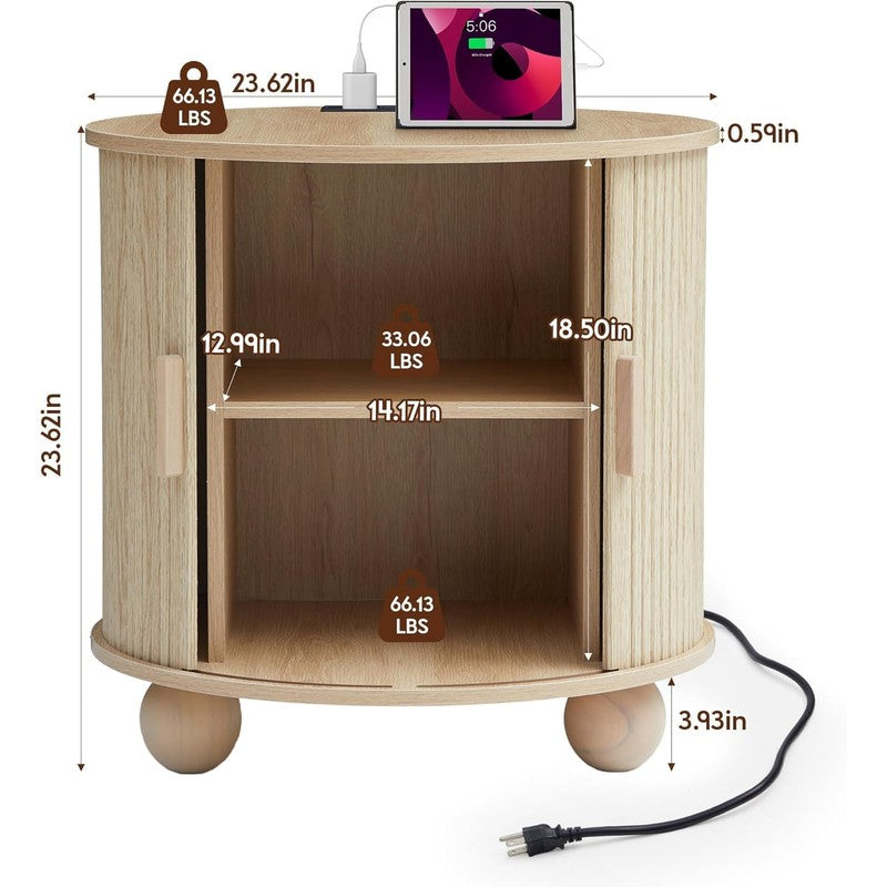 Fluted Round End Table with Charging Station, 24"  Natural - detail close-up