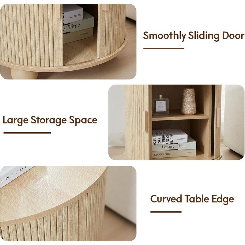 Fluted Round End Table with Charging Station, 24"  Natural - fabric and fit