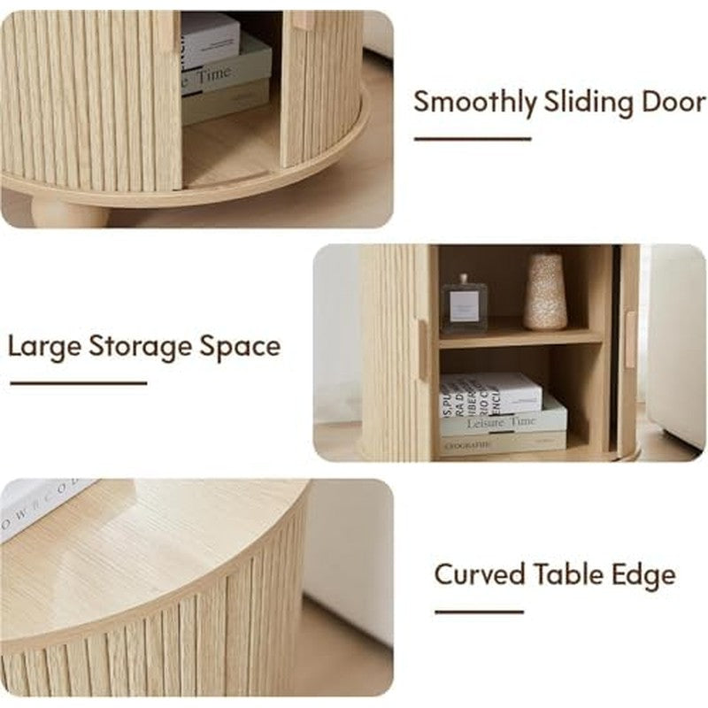 Fluted Round End Table with Charging Station, 24"  Natural - back view