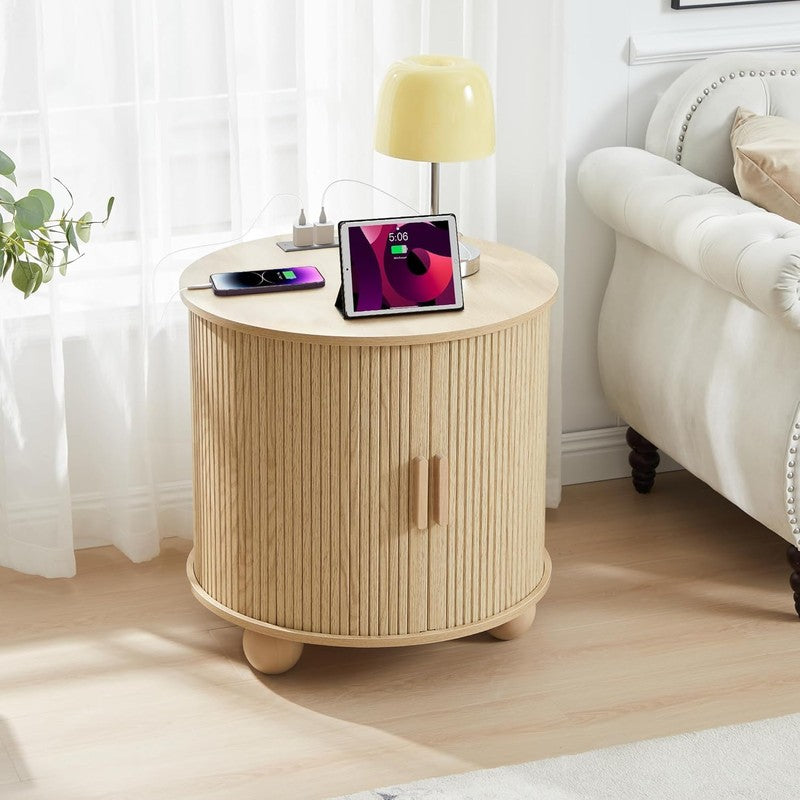 Fluted Round End Table with Charging Station, 24"  Natural - top view