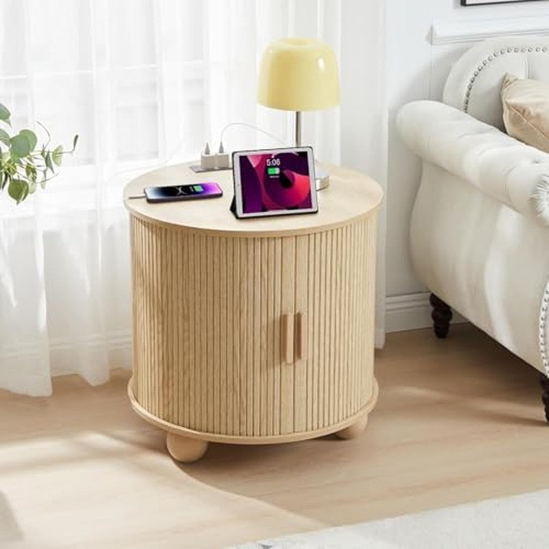 Fluted Round End Table with Charging Station, 24"  Natural - color detail